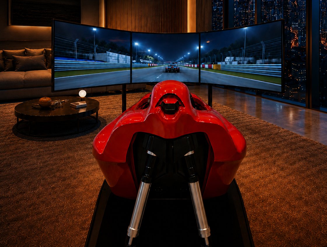 One Grid Formula facing a triple screen with a city skyline behind