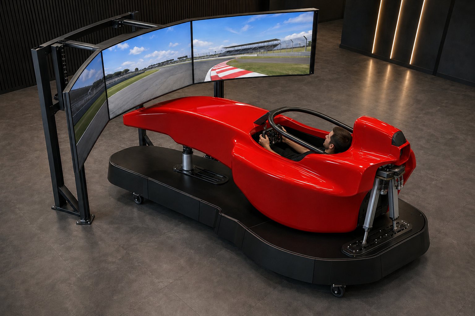 Driver seated in the One Grid Formula in front of a triple screen