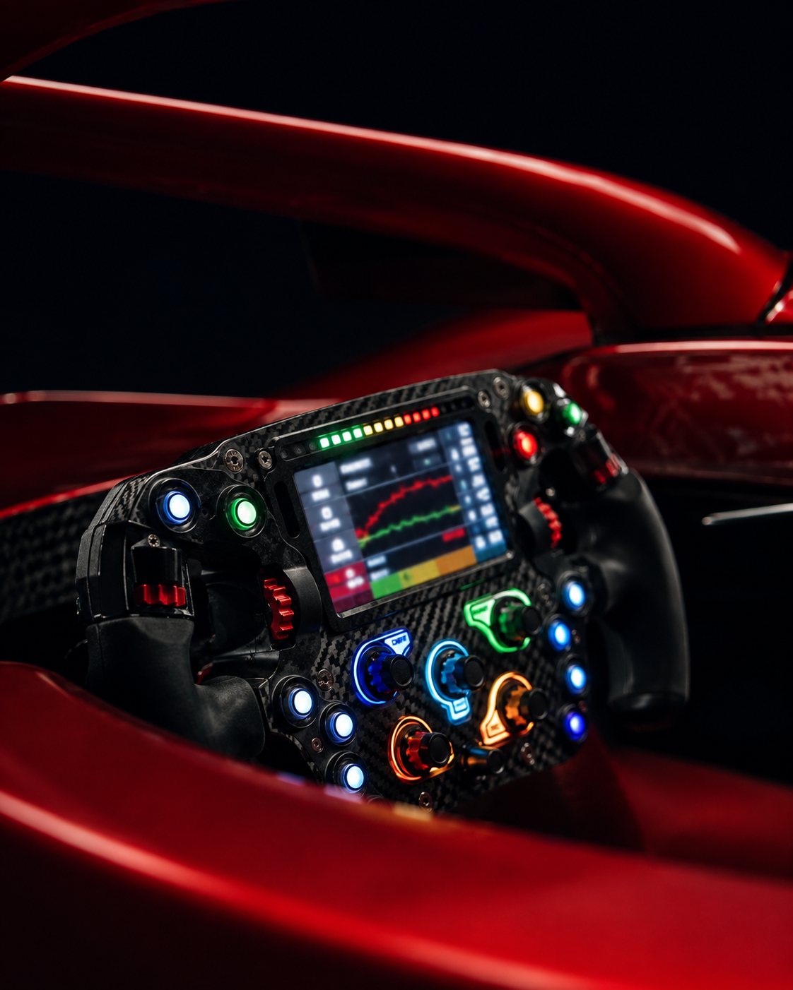 Close-up of the direct-drive formula steering wheel